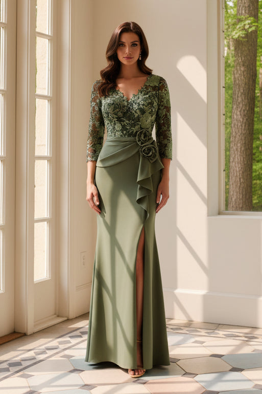 Lace 3/4 Sleeve Peplum Gown with Slit