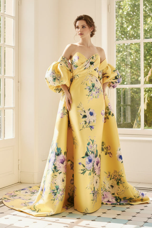 Floral Strapless Gown with Puff Sleeve Cape