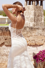 Plunging Lace-Panel Fit-and-Flare Wedding Dress