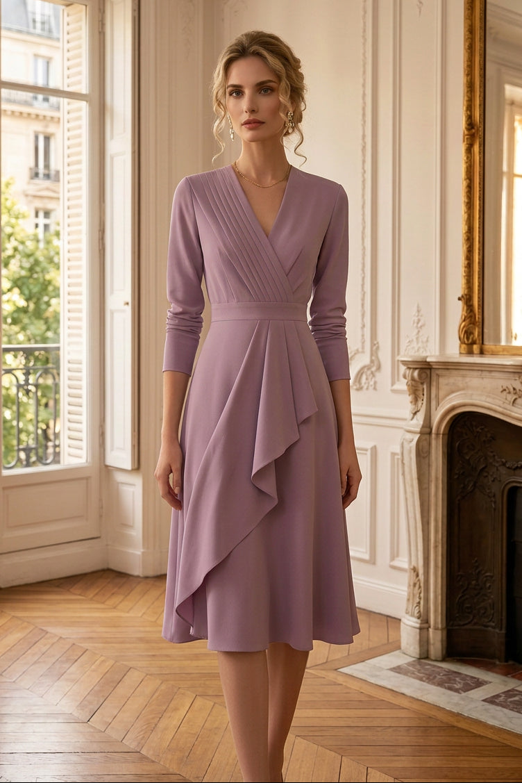 Pleated Surplice Midi Dress with Cascading Ruffle