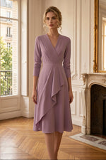 Pleated Surplice Midi Dress with Cascading Ruffle