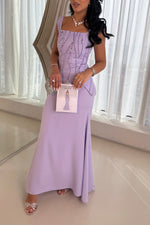 Square Neck Beaded Peplum Two-Piece Evening Gown