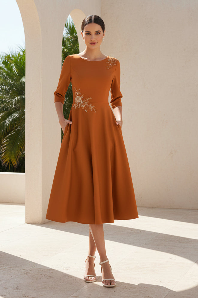 A-Line Midi Dress with 3/4 Sleeves and Pockets