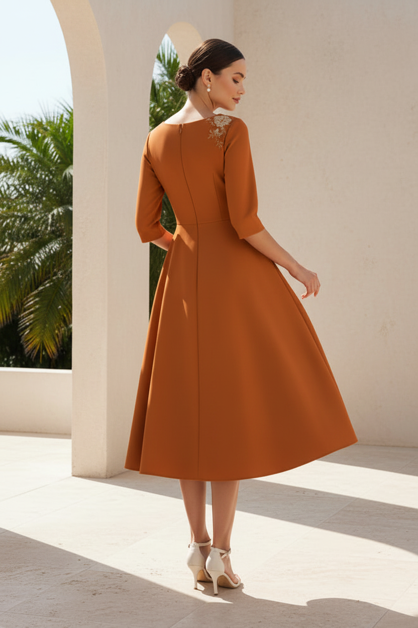 A-Line Midi Dress with 3/4 Sleeves and Pockets