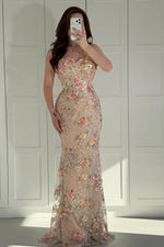 Strapless Floral Embroidered Mermaid Evening Gown