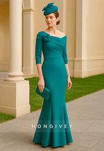 One Shoulder Floor-Length Flower Half Sleeves Mermaid Mother of the Bride Dress