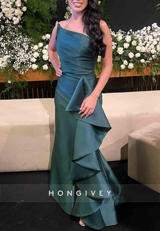 Elegant Dark Green Strapless Satin Ruched Pleated Trumpet Evening Gowns