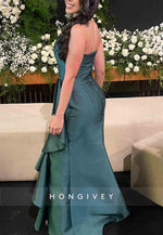 Elegant Dark Green Strapless Satin Ruched Pleated Trumpet Evening Gowns