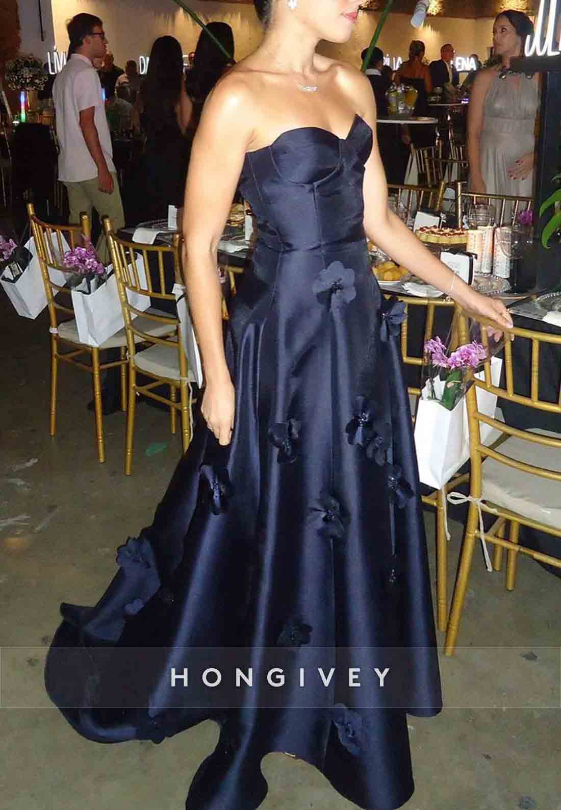 Navy Blue Sweetheart Evening Gowns Floor-Length with 3D Flowers