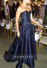 Navy Blue Sweetheart Evening Gowns Floor-Length with 3D Flowers