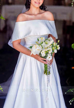 Off the Shoulder Satin Pleated Sweep Train Shawl A-Line Wedding Dresses