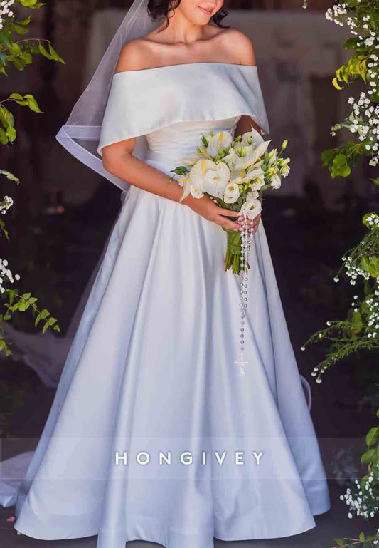 Off the Shoulder Satin Pleated Sweep Train Shawl A-Line Wedding Dresses