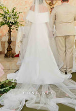 Off the Shoulder Satin Pleated Sweep Train Shawl A-Line Wedding Dresses