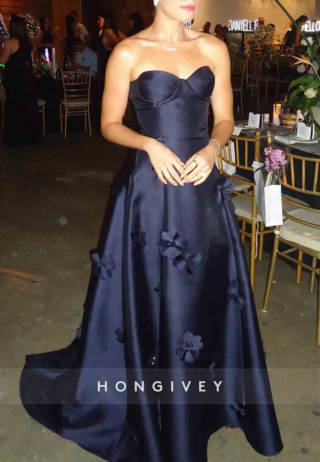 Navy Blue Sweetheart Evening Gowns Floor-Length with 3D Flowers