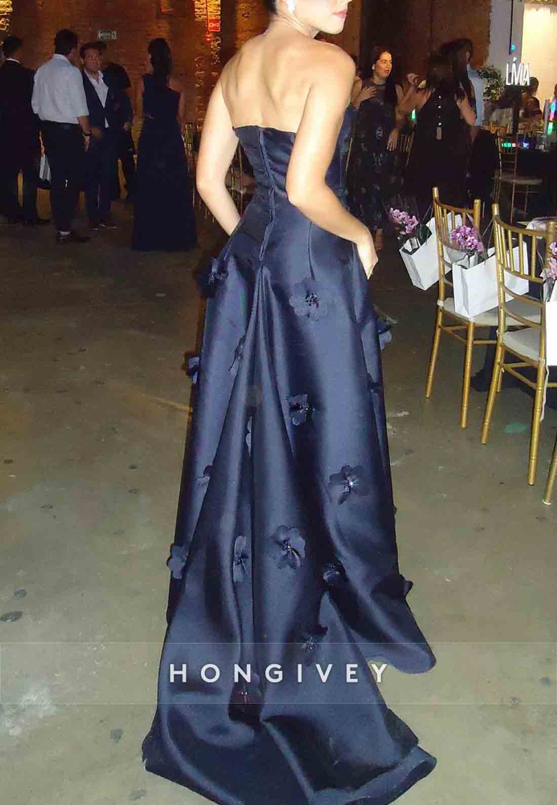 Navy Blue Sweetheart Evening Gowns Floor-Length with 3D Flowers