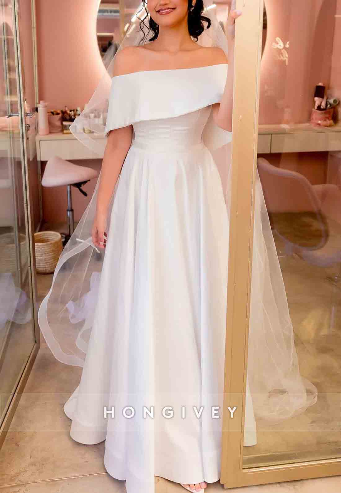 Off the Shoulder Satin Pleated Sweep Train Shawl A-Line Wedding Dresses