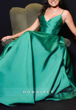 Spaghetti Straps A-Line Satin Pleated Low Back V-Neck Evening Gown