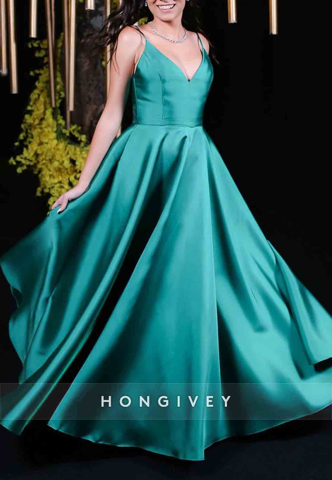 Spaghetti Straps A-Line Satin Pleated Low Back V-Neck Evening Gown