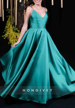 Spaghetti Straps A-Line Satin Pleated Low Back V-Neck Evening Gown