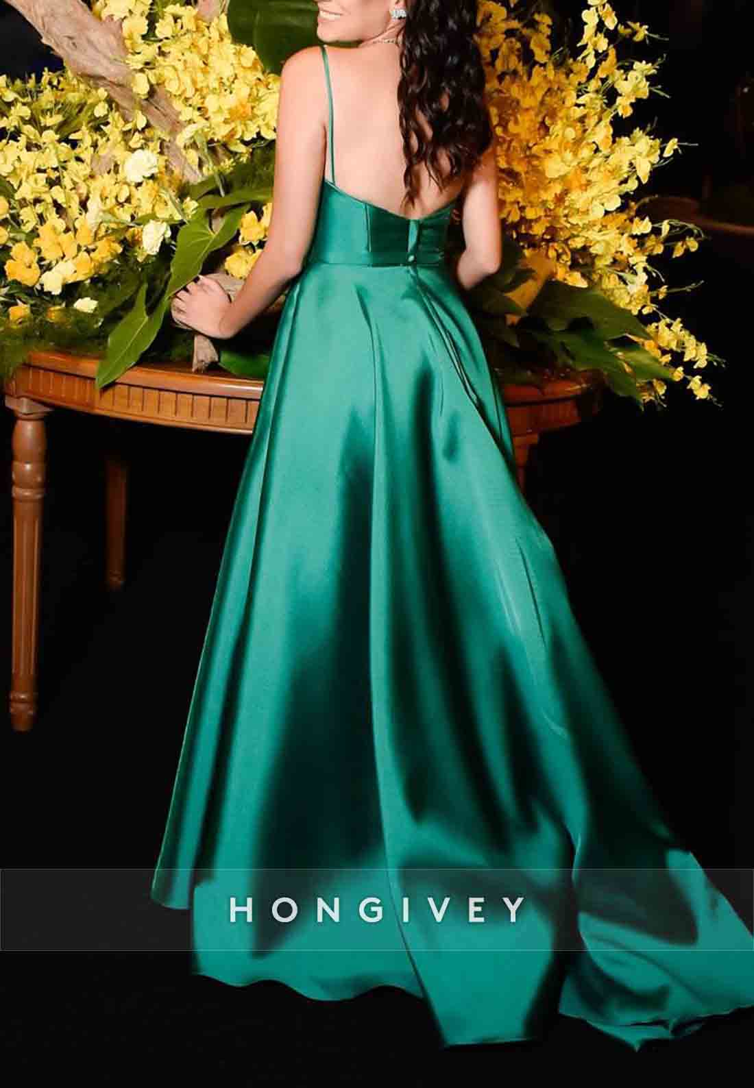 Spaghetti Straps A-Line Satin Pleated Low Back V-Neck Evening Gown