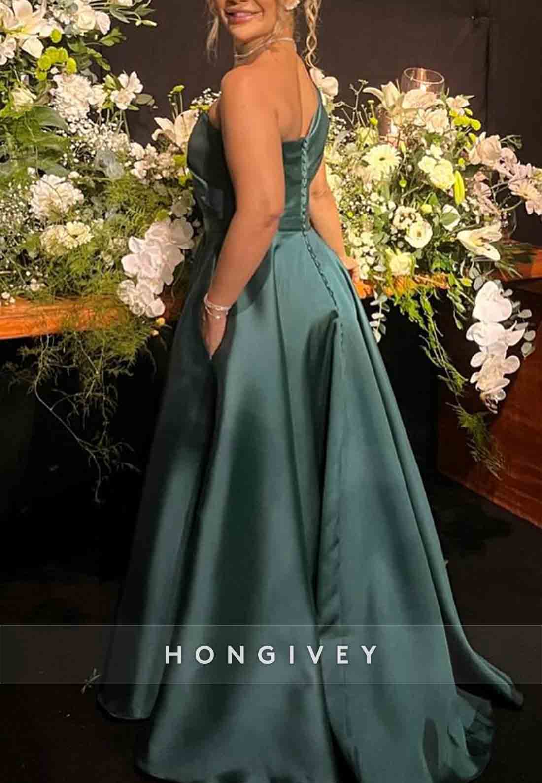 One Shoulder High Slit Satin A-Line Pleated Floor-Length Evening Gowns