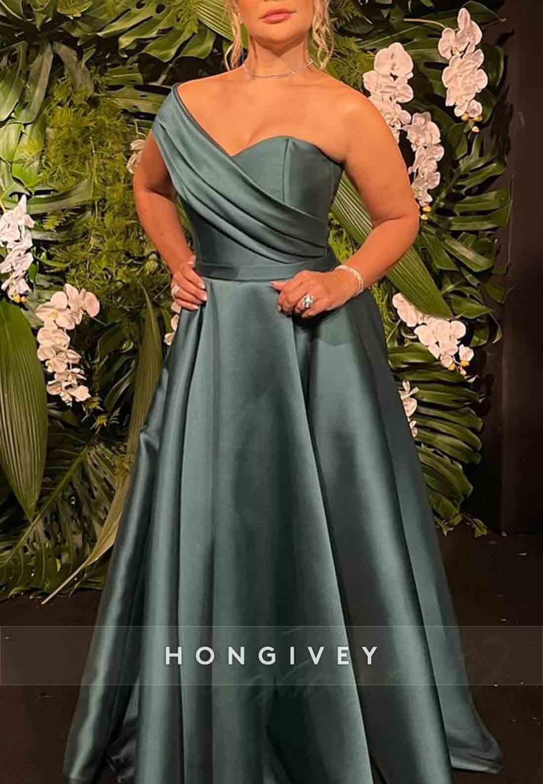 One Shoulder High Slit Satin A-Line Pleated Floor-Length Evening Gowns