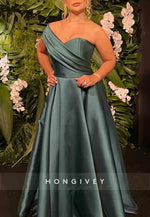 One Shoulder High Slit Satin A-Line Pleated Floor-Length Evening Gowns