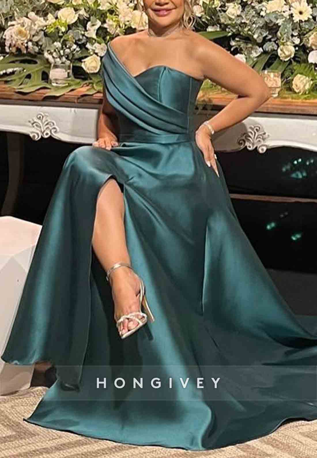 One Shoulder High Slit Satin A-Line Pleated Floor-Length Evening Gowns