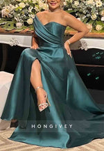 One Shoulder High Slit Satin A-Line Pleated Floor-Length Evening Gowns