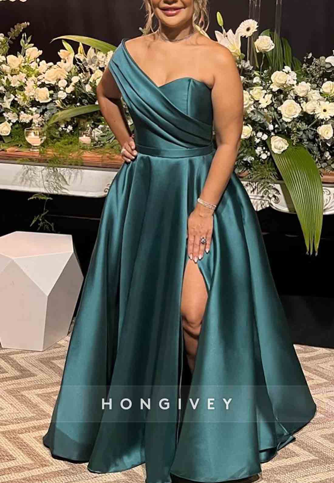 One Shoulder High Slit Satin A-Line Pleated Floor-Length Evening Gowns