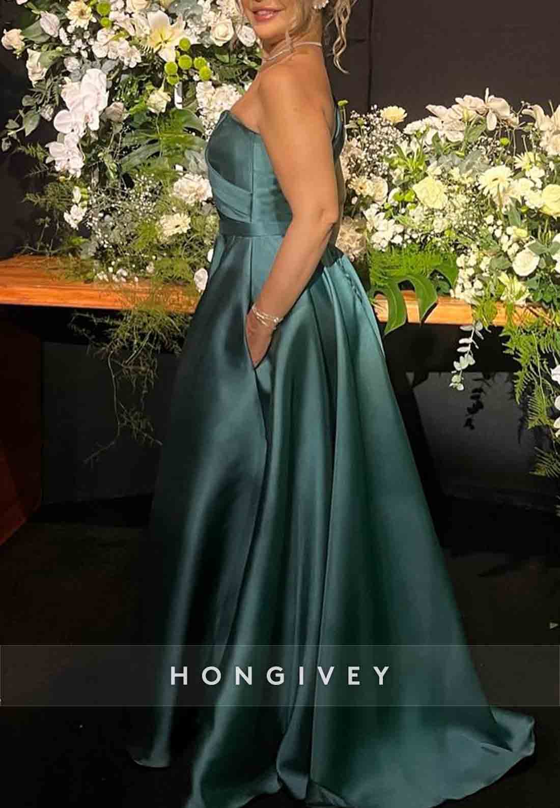 One Shoulder High Slit Satin A-Line Pleated Floor-Length Evening Gowns