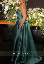 One Shoulder High Slit Satin A-Line Pleated Floor-Length Evening Gowns