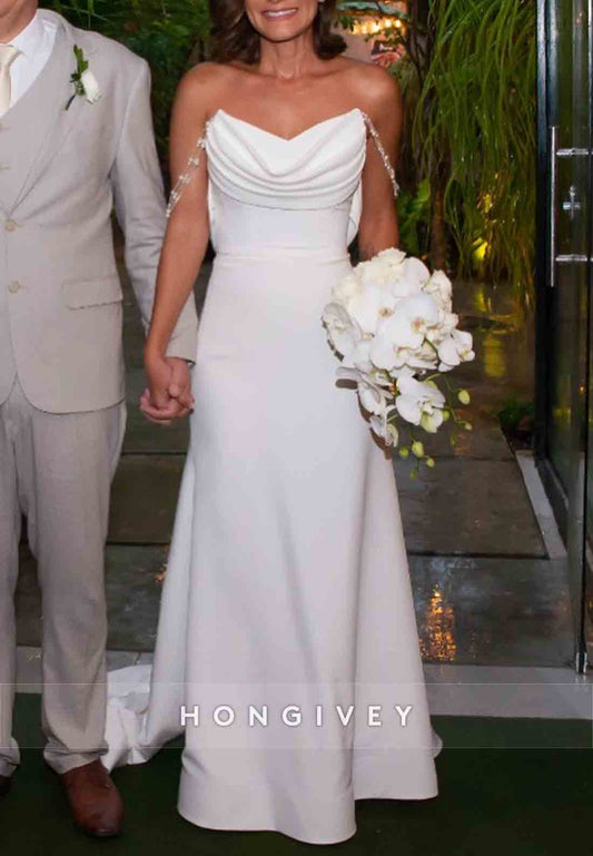 Pleated Pearls Strapless Low Back Ruched Court Train Wedding Dresses