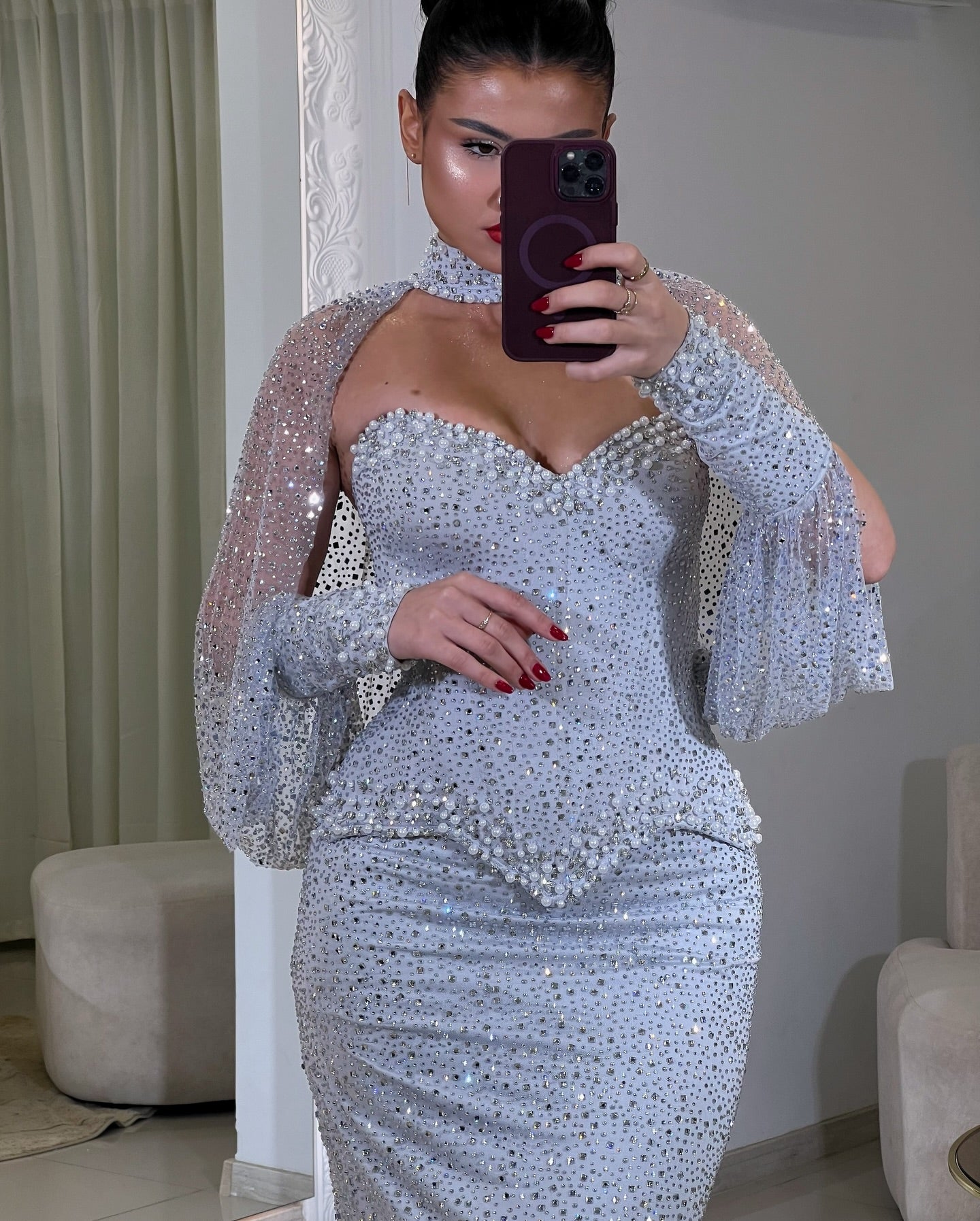 Luxury High Neck Cape Sleeve Lace Sequins Sparkle Mermaid Prom Dress