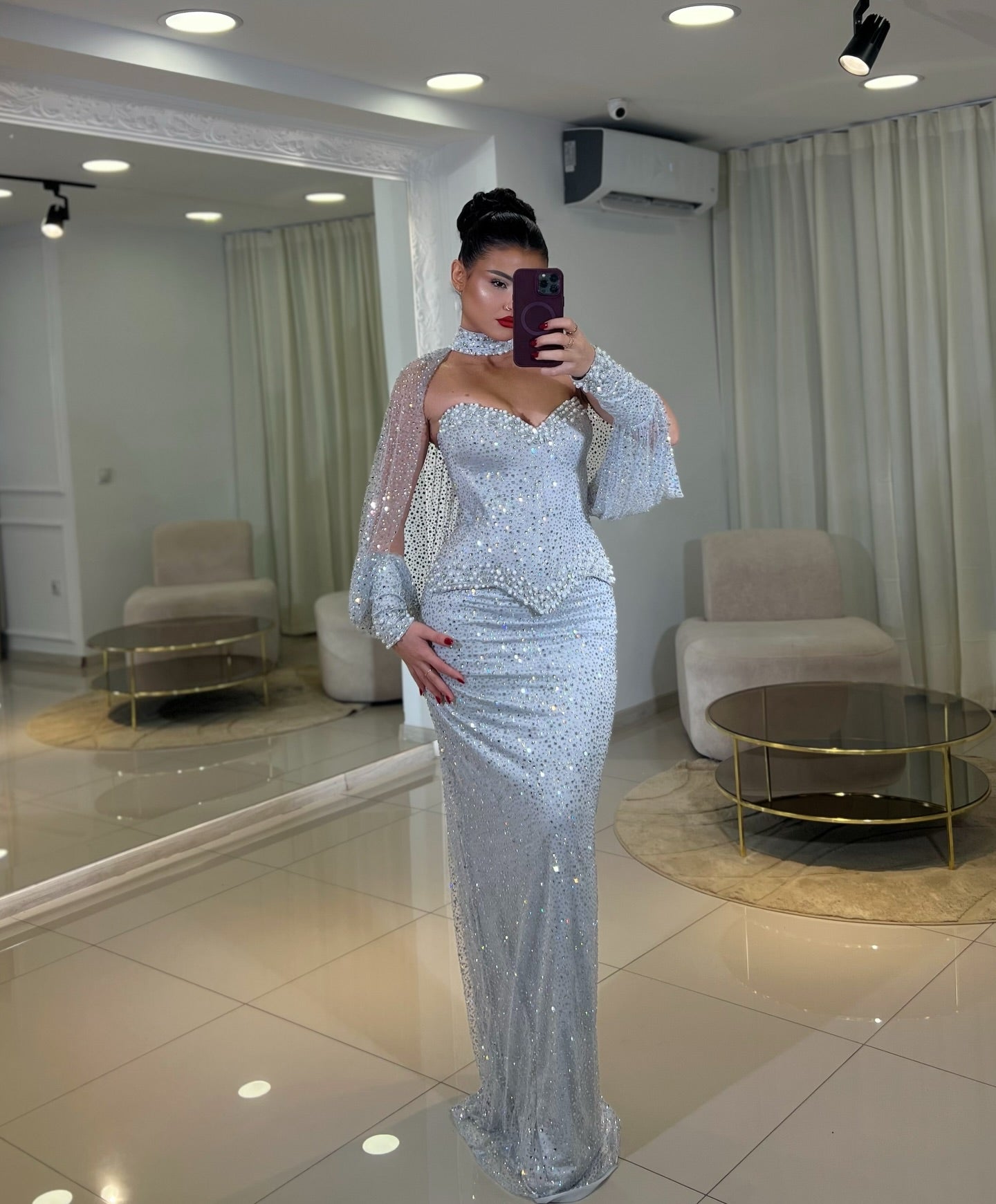 Luxury High Neck Cape Sleeve Lace Sequins Sparkle Mermaid Prom Dress