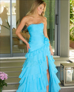 Strapless Beaded A-Line Tassel Sleeveless Flowers Side Slit Prom Dress