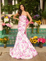 Pink Bowknot Strapless Sleeveless Flowers Floral Print Mermaid Prom Dress