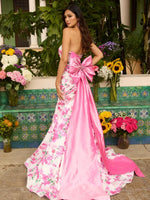 Pink Bowknot Strapless Sleeveless Flowers Floral Print Mermaid Prom Dress