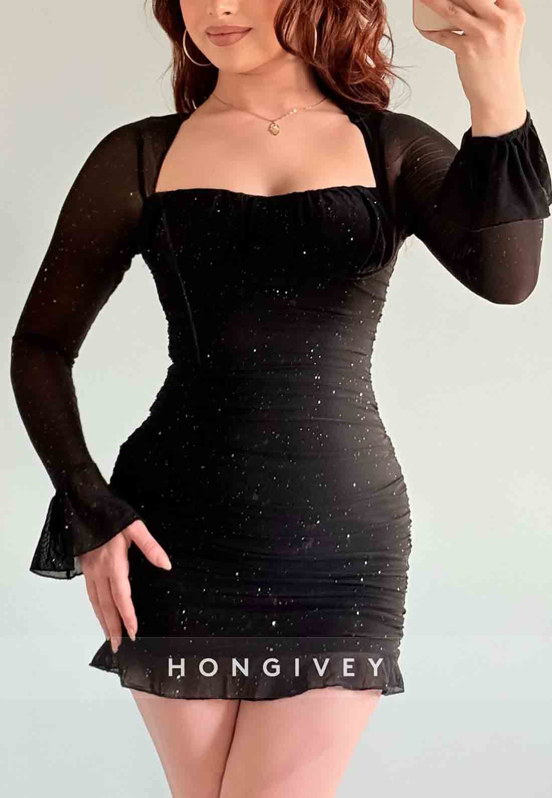 Simple Glitter Black Long Sleeves Low Back Sheath Mini Homecoming Dresses