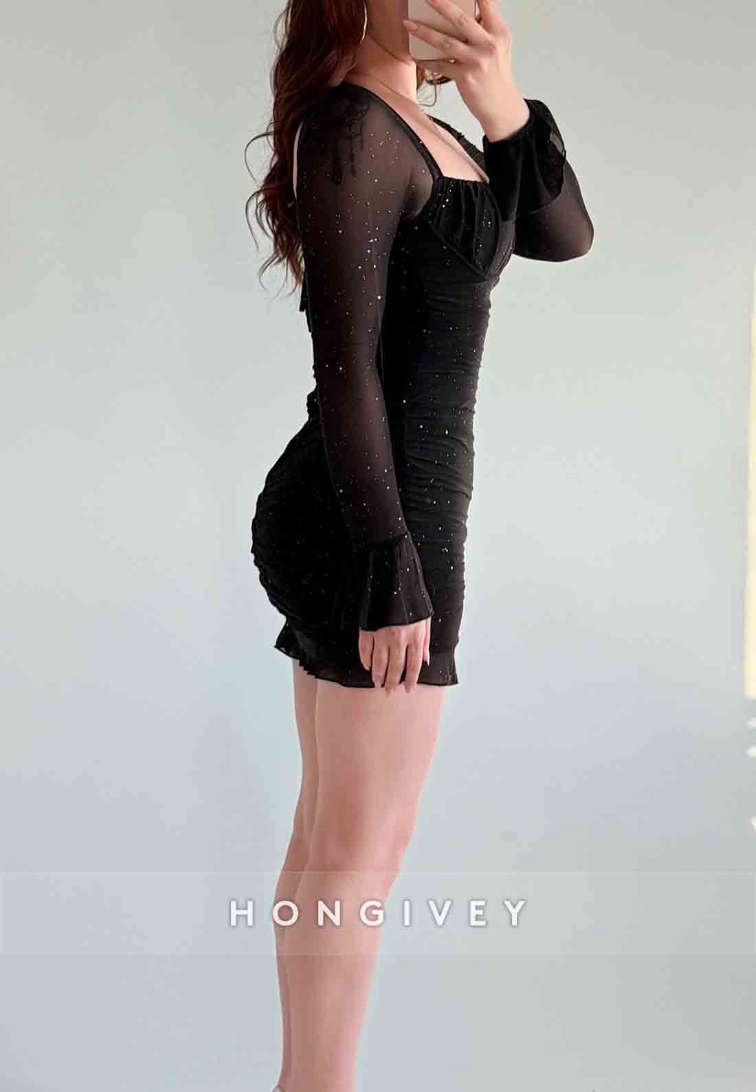 Simple Glitter Black Long Sleeves Low Back Sheath Mini Homecoming Dresses