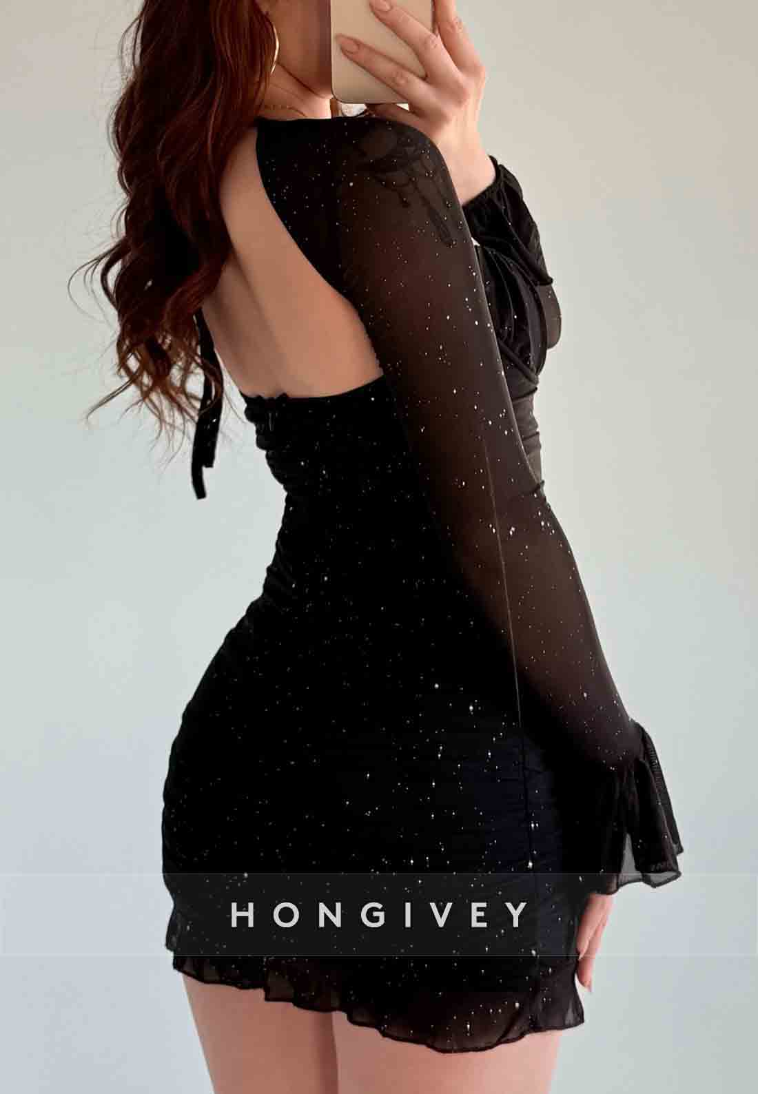 Simple Glitter Black Long Sleeves Low Back Sheath Mini Homecoming Dresses