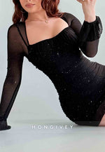 Simple Glitter Black Long Sleeves Low Back Sheath Mini Homecoming Dresses