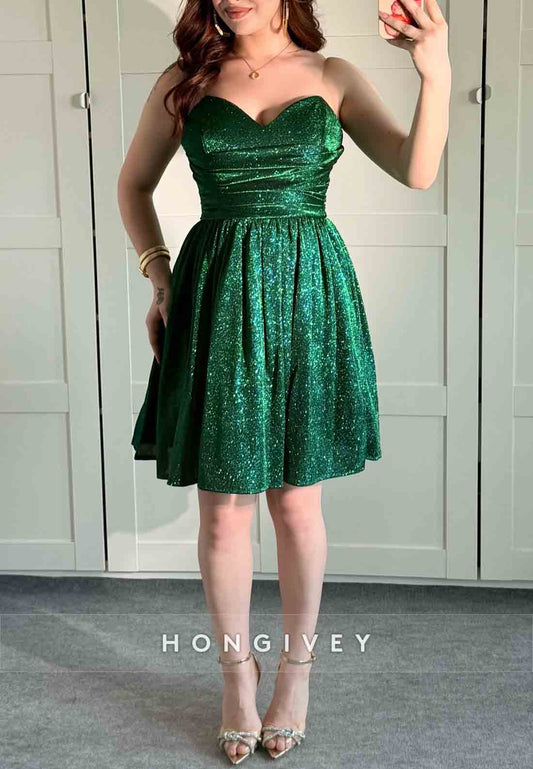 Sweetheart Glitter A-Line Pleated Sleeveless Short Homecoming Dresses