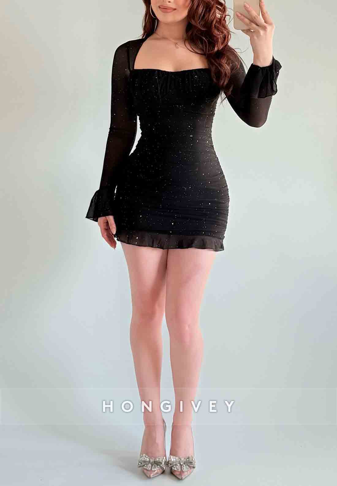 Simple Glitter Black Long Sleeves Low Back Sheath Mini Homecoming Dresses