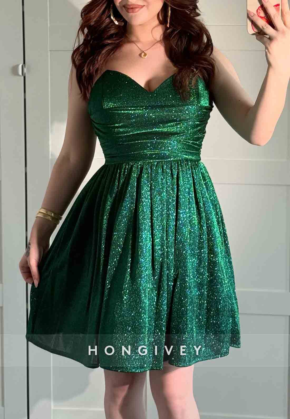 Sweetheart Glitter A-Line Pleated Sleeveless Short Homecoming Dresses