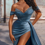 Mermaid Dusty Blue Off the Shoulder Sleeveless Prom Dress With High Split