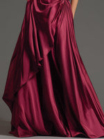 Burgundy One-Shoulder Floral Draped Couture Evening Dress