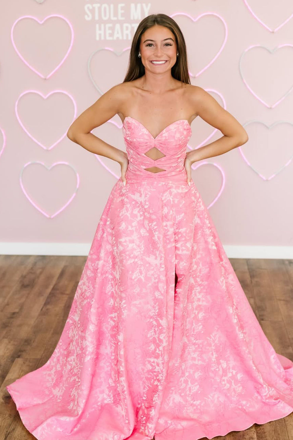 Cute A Line Sweetheart Pink Floral Printed Satin Long Prom Dress with Slit