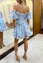 Floral Print Off the Shoulder A-Line Sweetheart Ruched Short Homecoming Dresses