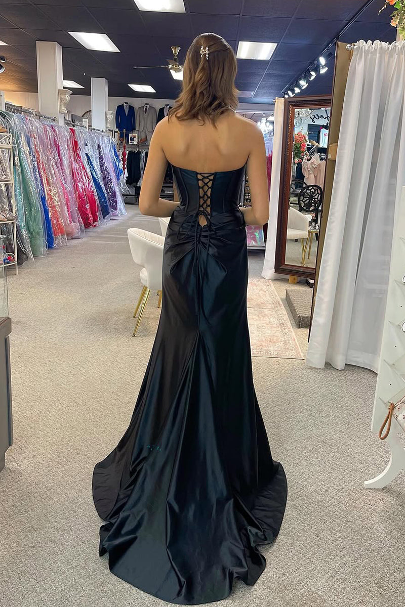 Charming Mermaid Sweetheart Black Satin Slit Prom Dress